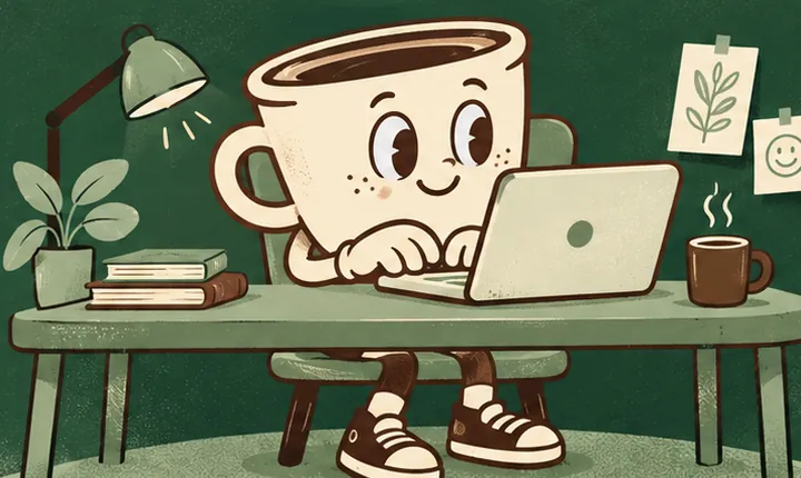Cartoon coffee mug typing on a laptop at a desk