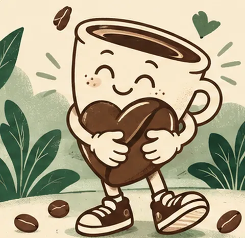 Cartoon coffee mug hugging a heart-shaped coffee bean